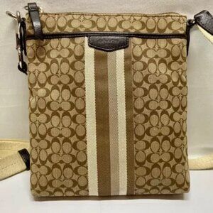 Coach Signature Stripe North/South Swingpack F51648 Cream Khaki Brown Crossbody